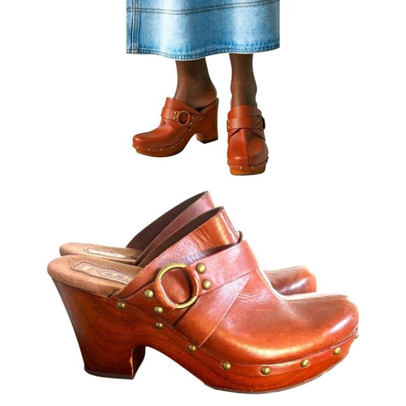 KORKS BROWN LEATHER WESTERN BOHO PLATFORM‎ STUDDED MULE CLOG SIZE 8 - Picture 1 of 5